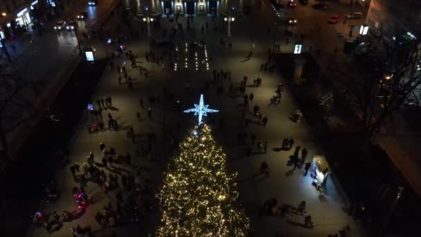 도시 박람회에 있는 크리스마스 트리의 공중 사진 — 비디오