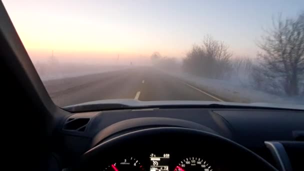 Voiture d'équitation par la route brumeuse au lever du soleil avec une mauvaise vision — Video