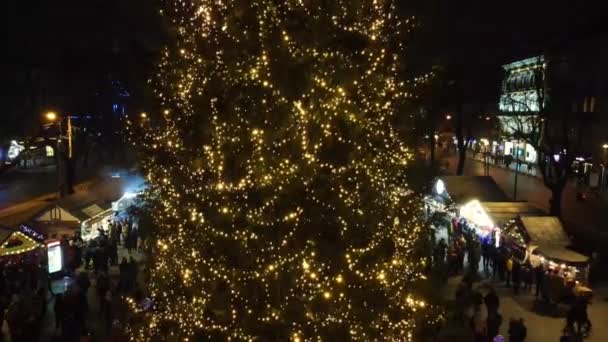 Letecký pohled na vánoční stromek na městském veletrhu — Stock video