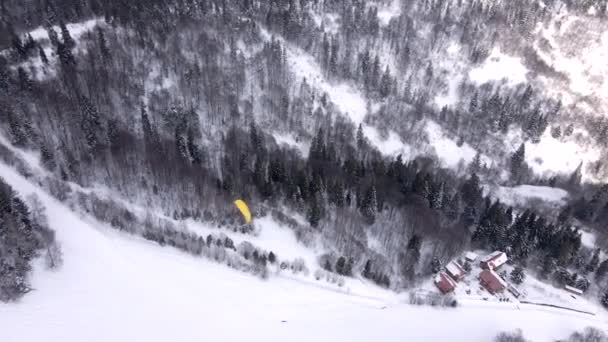스키 리조트 위에 떠 있는 스키어 패러글라이더 — 비디오