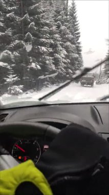 Dağlardaki karlı ormanın yanından arabayla ileri gitmek.