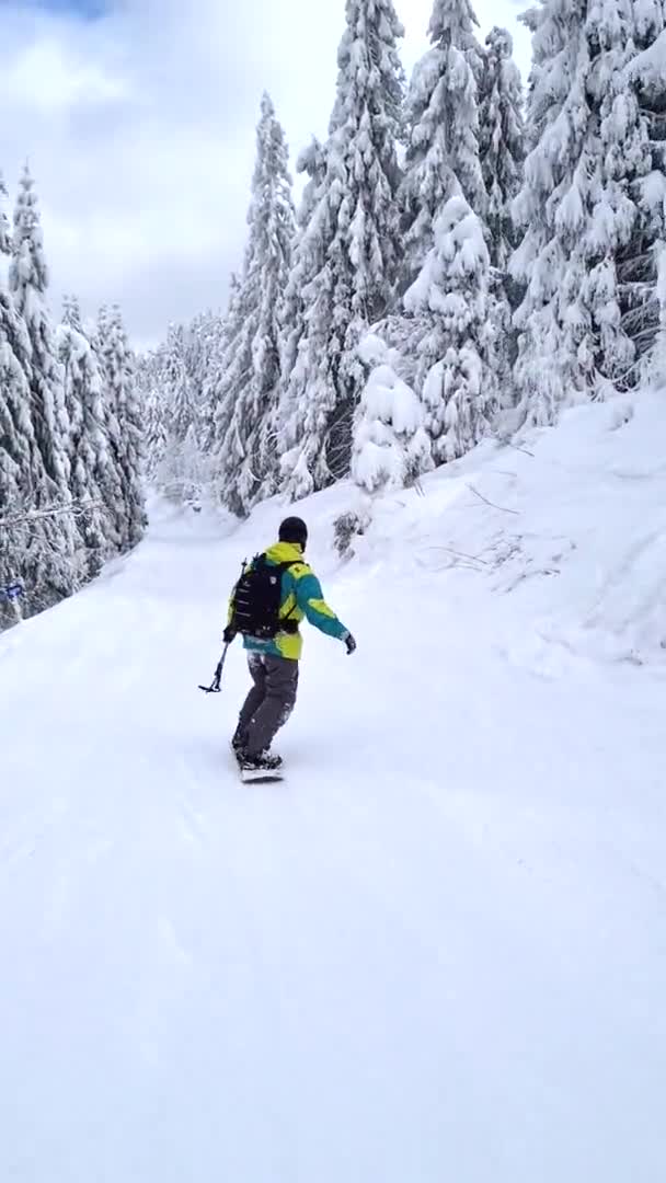 Homme snowboarder équitation par pente enneigée dans de belles montagnes — Video