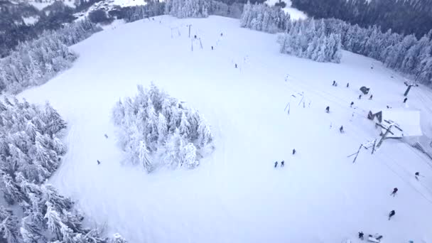 Vue aérienne du pic montagneux skieurs et snowboarders — Video