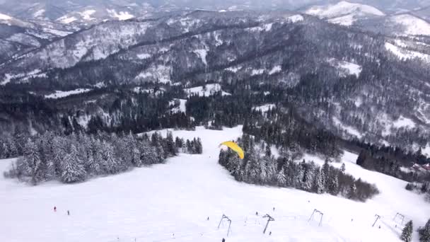 Skifahrer Gleitschirmfliegen über Skigebiet — Stockvideo