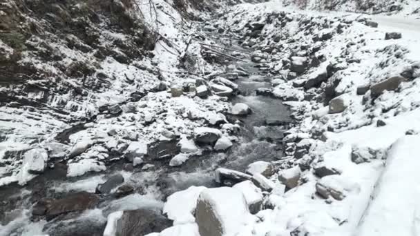 View of creek in winter mountains canyon — Stock Video