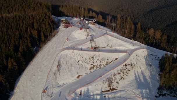 Aerial view of sunset above ski resort — Stock Video