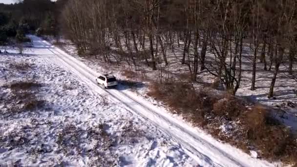 Letecký pohled na SUV auto pohybující se podle zasněženého pole — Stock video
