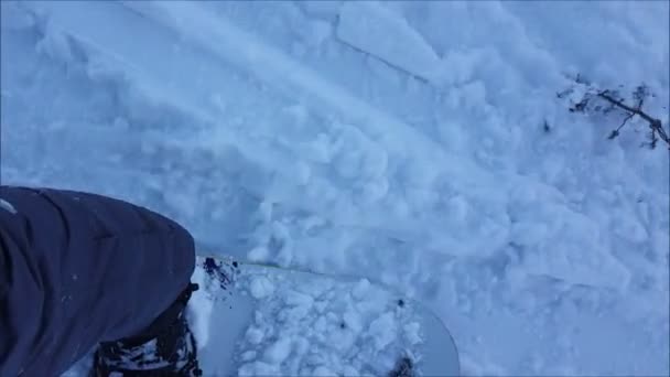 Snowboard szlakiem freeride w śnieżnych górach — Wideo stockowe
