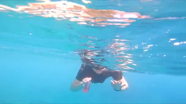 Hombre nadando bajo el agua en la máscara de buceo y aletas — Vídeo de stock