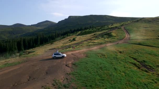 Vue aérienne des montagnes des Carpates au coucher du soleil. road trip en voiture suv — Video