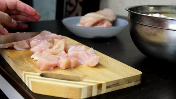 Affettare la carne di pollo al tagliere — Video Stock