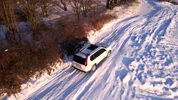 Widok z lotu ptaka SUV-a poruszającego się po zaśnieżonym polu — Wideo stockowe