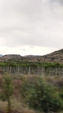 Otomobilin yan görüntüsü yol dağları etrafında hareket ediyor