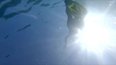 Yüzücülerin yüzgeçli sualtı görüntüsü