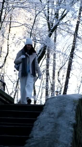 Szczęśliwa kobieta przechadzając się po śnieżnym parku zimowym — Wideo stockowe