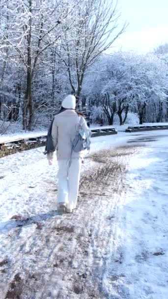 Szczęśliwa kobieta przechadzając się po śnieżnym parku zimowym — Wideo stockowe