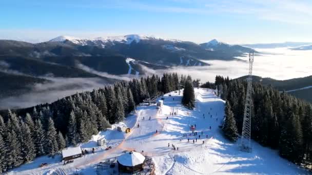 Flygfoto över skidorten i berg täckta med tallskog — Stockvideo