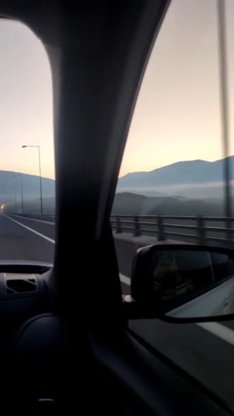 Car travel concept sunrise at Greece mountains — Stockvideo