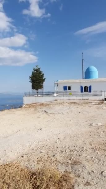 Lefkada highest old church on the mountain peak greece — стоковое видео