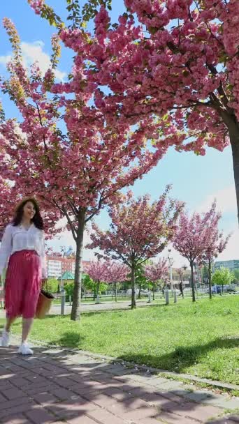 Hermosa sonriente mujer caminando bajo florecientes árboles de sakura — Vídeos de Stock