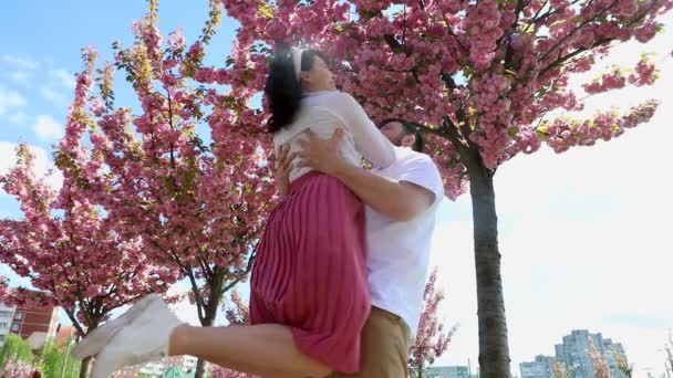 Pareja spinning besos abrazos bajo flor sakura árbol — Vídeo de stock