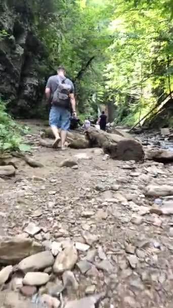 Hombre mochilero caminando a la cascada — Vídeo de stock