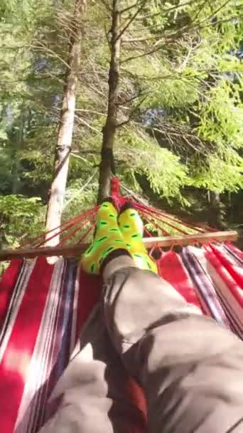 Точка зору чоловіки відпочивають на гамаку — стокове відео