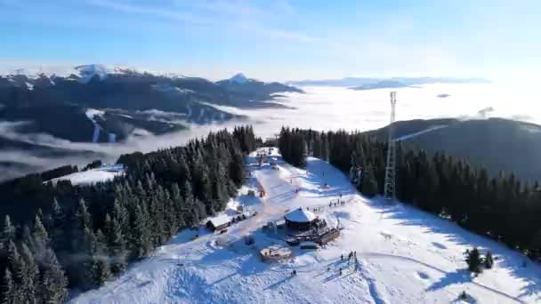 Flygfoto över skidorten i berg täckta med tallskog — Stockvideo