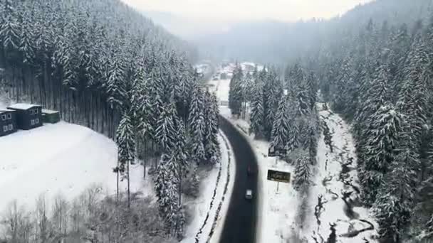Aerial view of snowed winter road in carpathian mountains — 图库视频影像