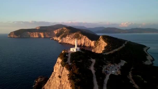 Aerial view of lefkada light house at sunset — Stock Video