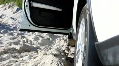 Sanddy Beach yaz tatilinde paletlerle arabadan inen adam çalışmaktan yoruldu.