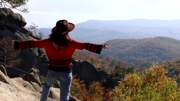 Kobieta turysta podróżnik patrząc na jesienny las z dużej skały — Wideo stockowe