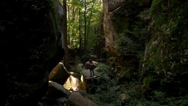 Жінка ходить з рюкзаком на голубій кущі скелі каньйон — стокове відео