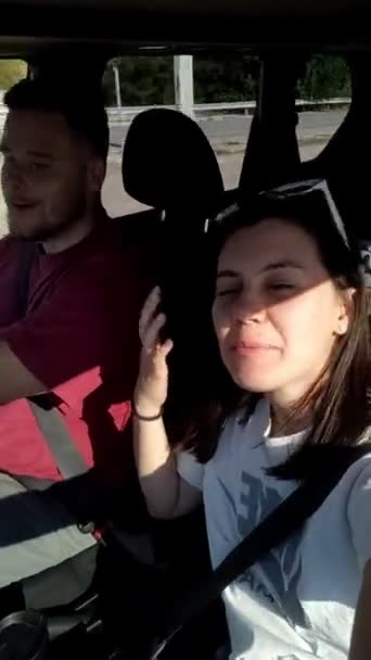 Woman talking on selfie camera in car — Stock Video
