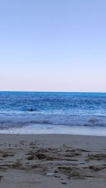 파란색 수영복을 입은 여자 가 해변을 걷고 있다 — 비디오