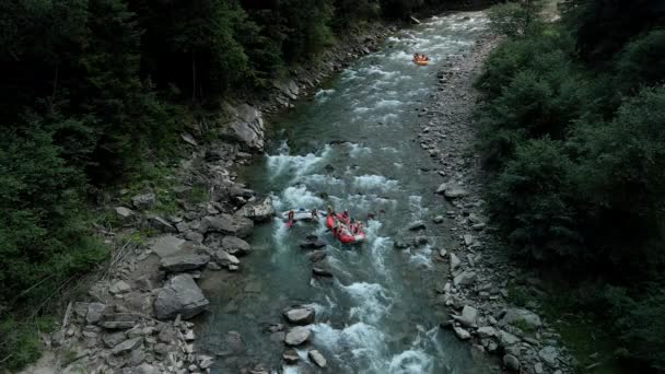 Вид з повітря на гірську річку. рафтинг екстремальний спорт — стокове відео