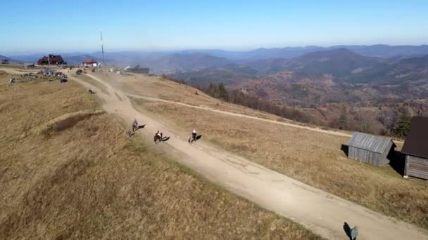 Pessoas vista aérea equitação cavalo atração no topo da montanha — Vídeo de Stock