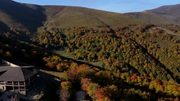 Vista aérea de las montañas de los Cárpatos de otoño por encima de las nubes — Vídeos de Stock