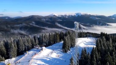 Çam ağaçlarıyla kaplı dağlardaki kayak merkezinin havadan görünüşü