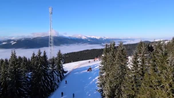 Uitzicht vanuit de lucht op het skigebied in bergen bedekt met dennenbossen — Stockvideo