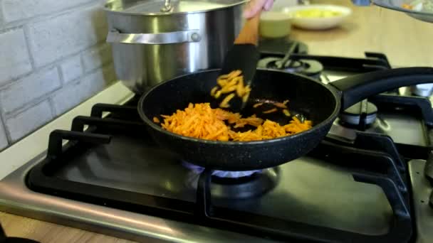 Cocinar en casa cocina doméstica freír zanahoria y cebolla en la sartén — Vídeo de stock
