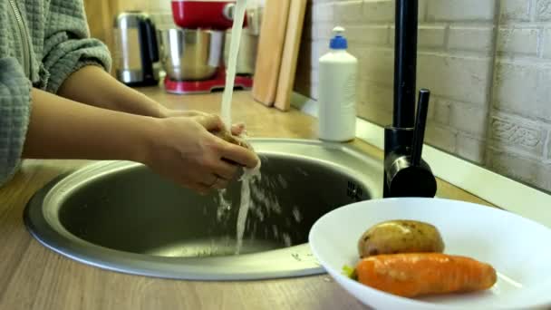 在厨房洗碗槽里洗土豆 — 图库视频影像