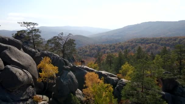 Couple Resting Top Rock Enjoying View Autumn Forest Sunny Day — Video Stock