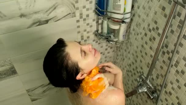 Woman Taking Shower Washing Body Misty Steam — стоковое видео