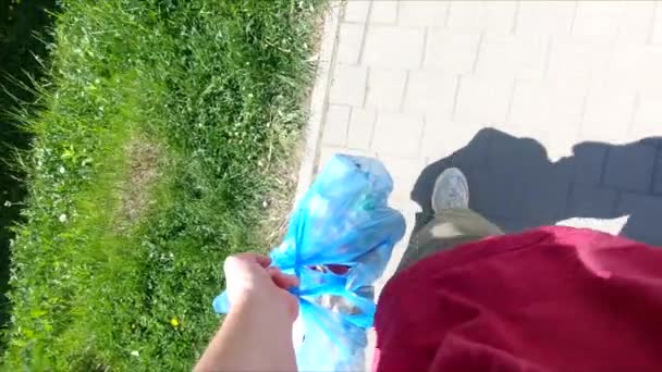 Άνθρωπος carrie σκουπίδια σε τσάντα στο χέρι — Αρχείο Βίντεο