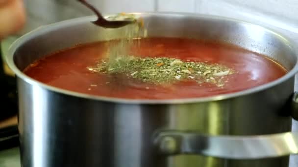 Donna Mescolare Zuppa Con Cucchiaio Degustazione Sale Cucina Domestica — Video Stock