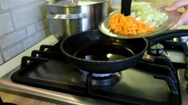 Cuisson Maison Cuisine Domestique Friture Carotte Oignon Casserole Fermer — Video