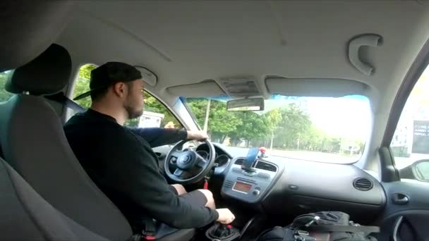 View Man Driving Car Manual Gear Box Copy Space — Stock Video