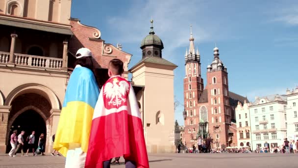 Woman Boy Covered Ukraine Poland Flags Center Krakow Shelter Friendships — Wideo stockowe