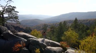 Dağlardaki kayaların tepesinden sonbahar ormanlarına bakan kadın yürüyüşçünün hava görüntüsü.